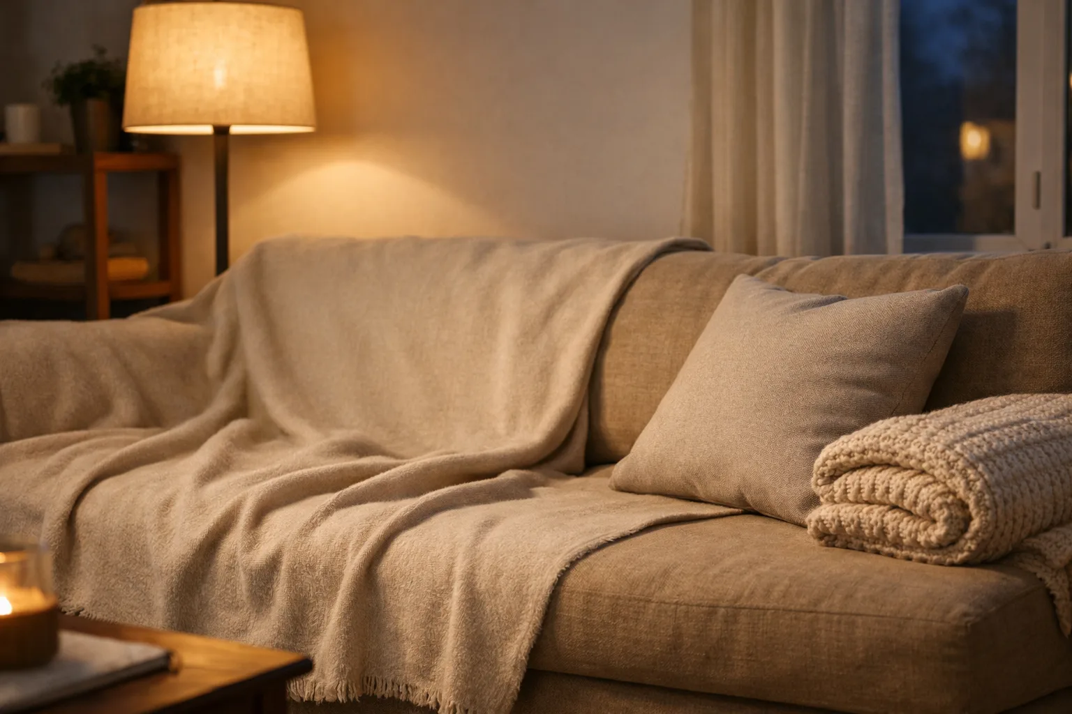 Beige filt över en soffa i varmt lampljus.