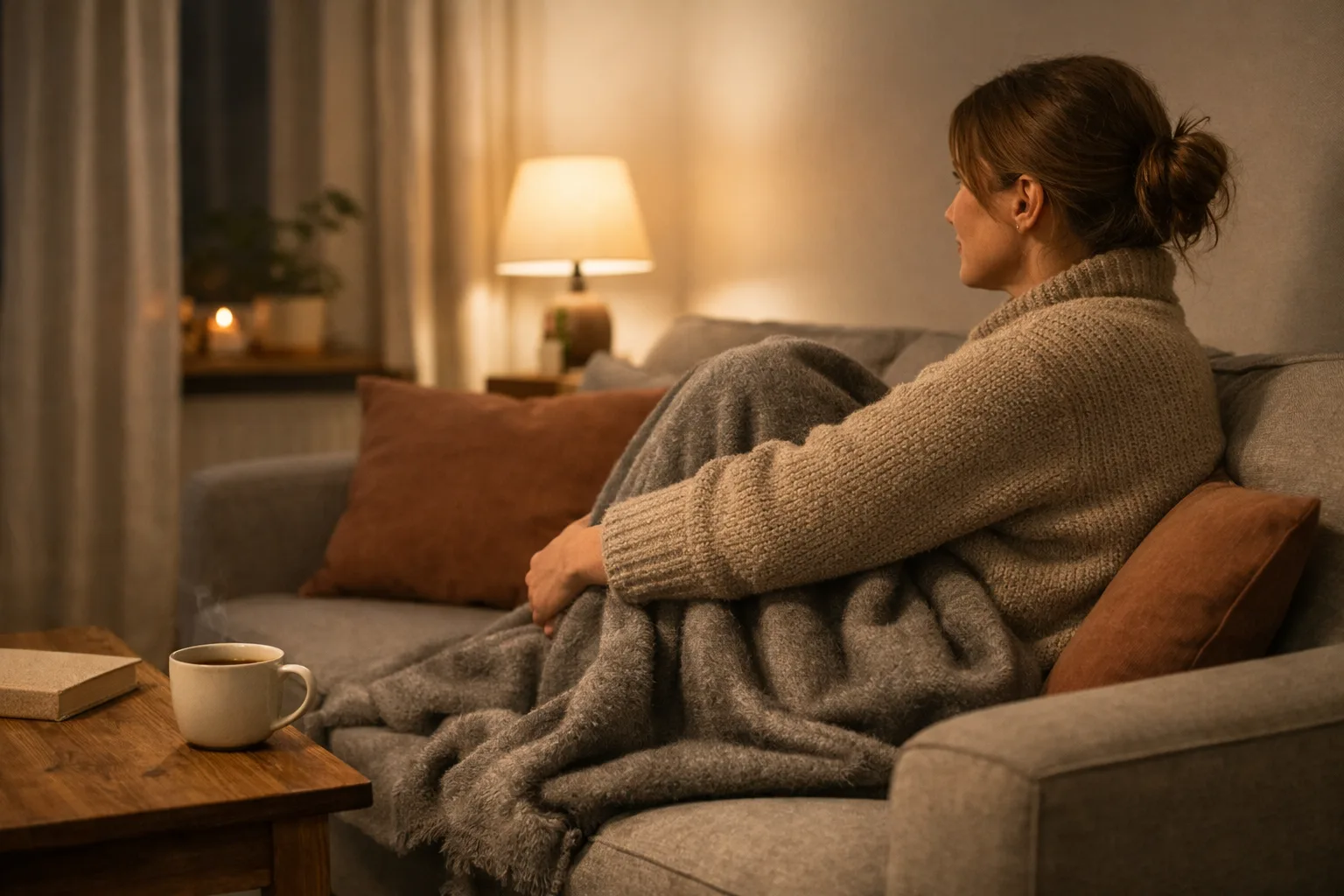 Filt över knäna på en soffa i kvällsljus.
